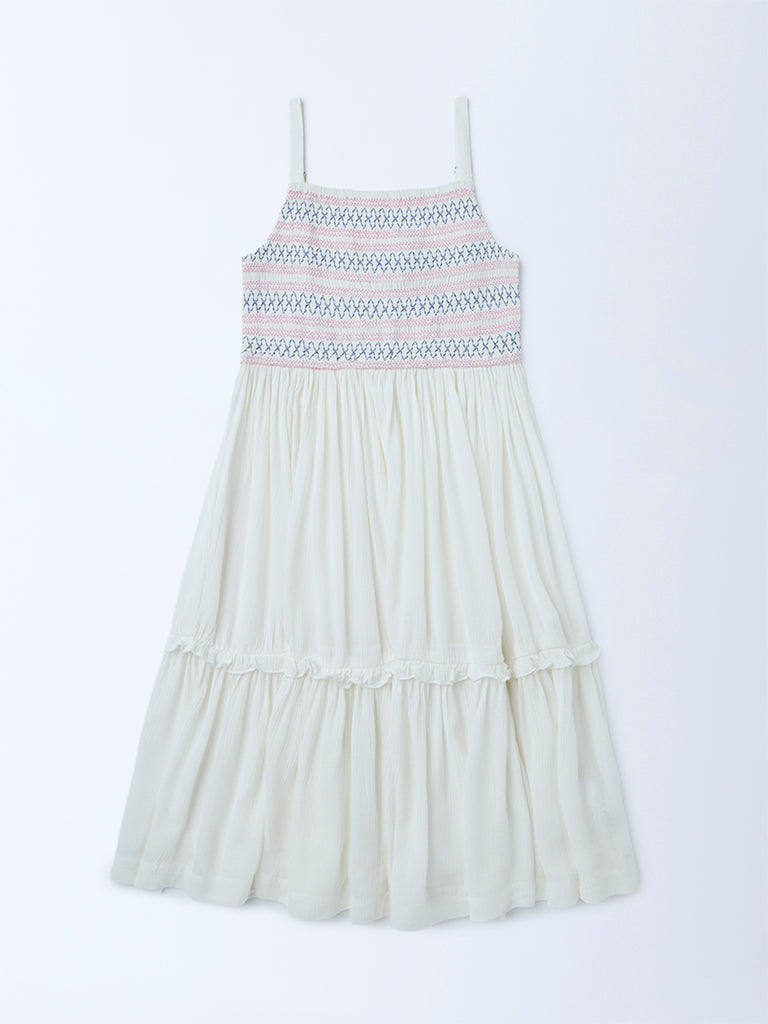 Utsa Kids Girls White Embroidered Fit-and-Flare Dress