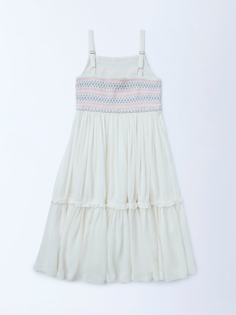 Utsa Kids Girls White Embroidered Fit-and-Flare Dress - (8-14 yrs)