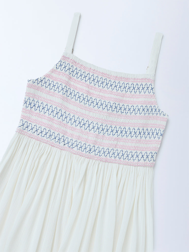 Utsa Kids Girls White Embroidered Fit-and-Flare Dress - (8-14 yrs)