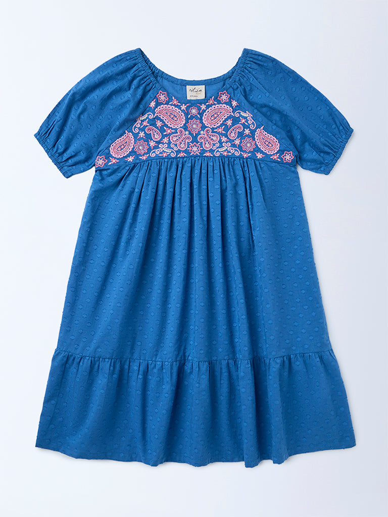 Utsa Kids Girls Indigo Floral Embroidered Tiered Cotton-Blend Dress