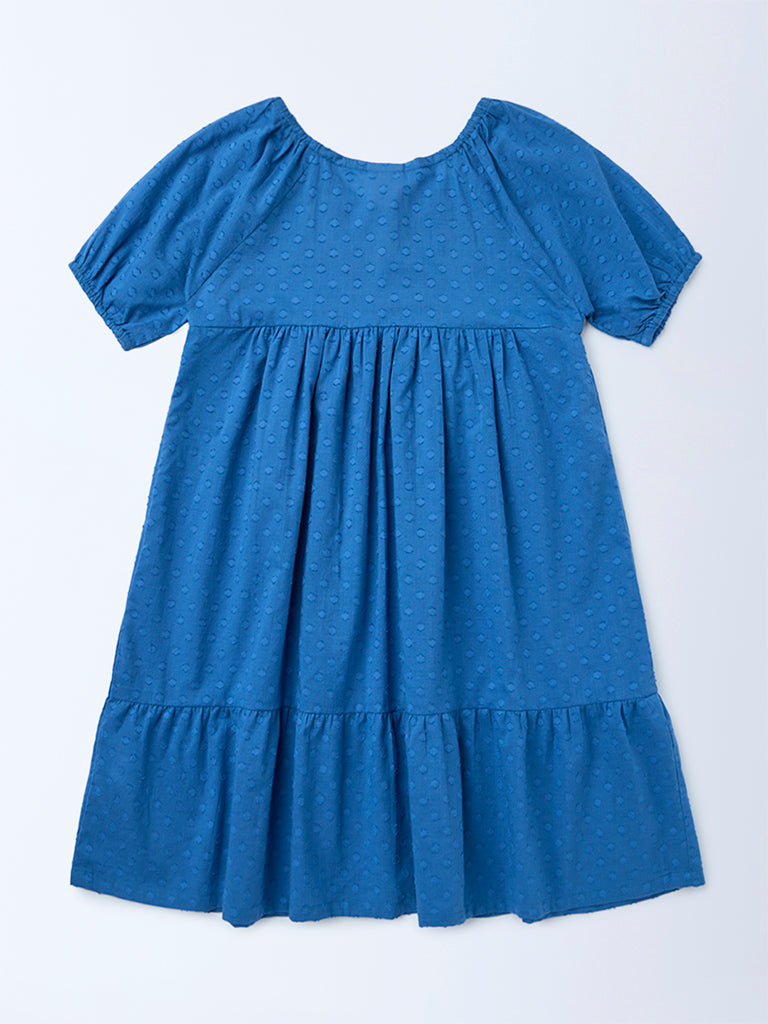 Utsa Kids Girls Indigo Floral Embroidered Tiered Cotton-Blend Dress
