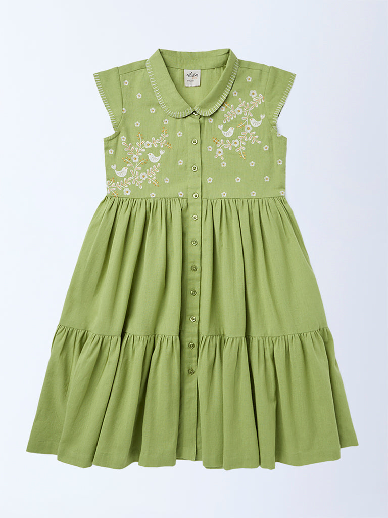 Utsa Kids Girls Mint Green Embroidered Tiered Cotton-Blend Dress - (8-14 yrs)