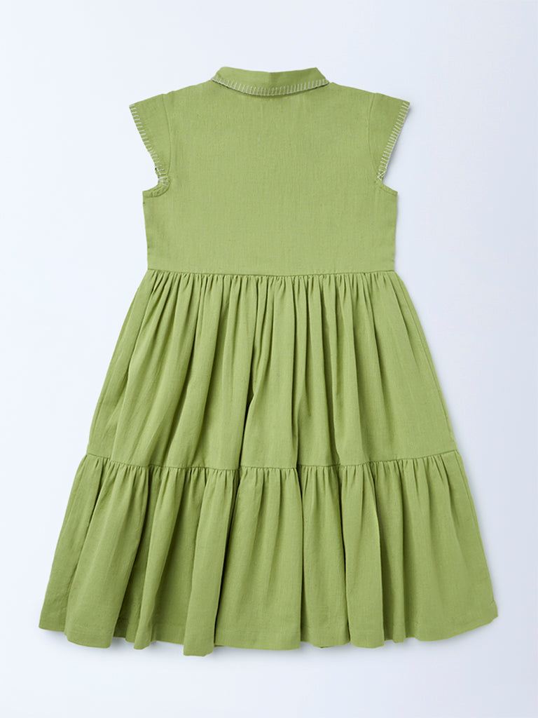 Utsa Kids Girls Mint Green Embroidered Tiered Cotton-Blend Dress - (8-14 yrs)