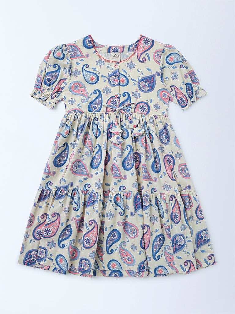Utsa Kids Girls Off-White Paisley Printed Cotton-Blend Tiered Dress