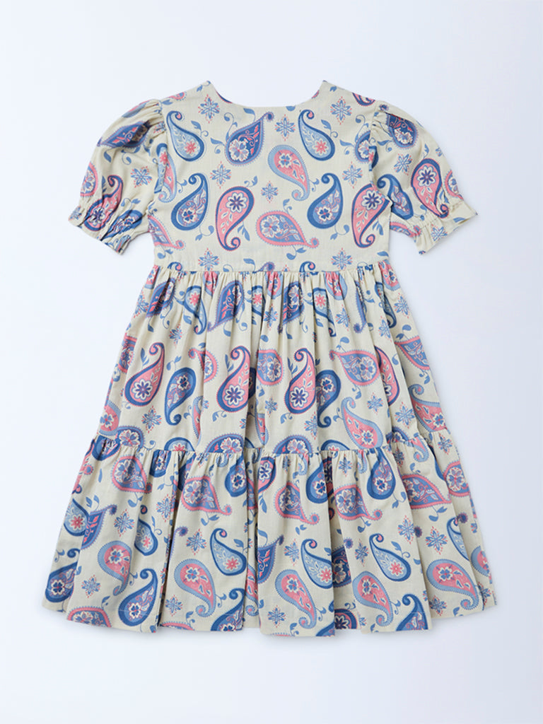 Utsa Kids Girls Off-White Paisley Printed Cotton-Blend Tiered Dress - (8-14 yrs)