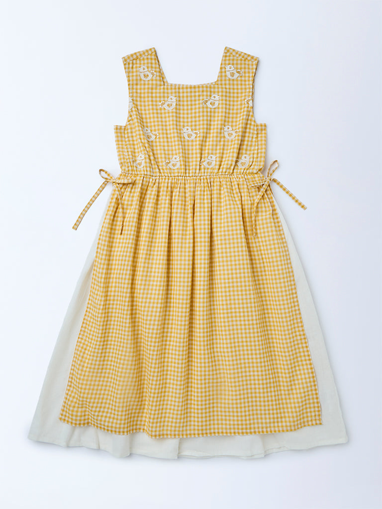 Utsa Kids Girls Yellow Checkered A-Line Cotton Dress - (8-14 yrs)