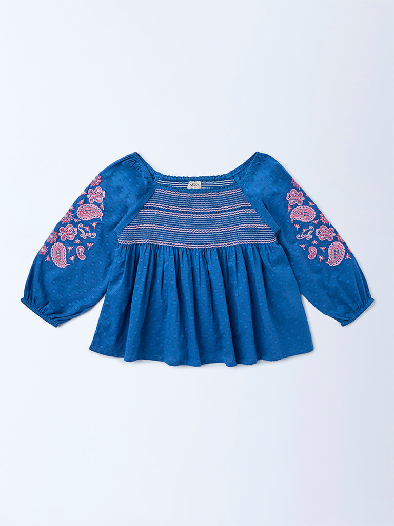 Utsa Kids Girls Indigo Embroidered Cotton-Blend Top - (8-14 yrs)