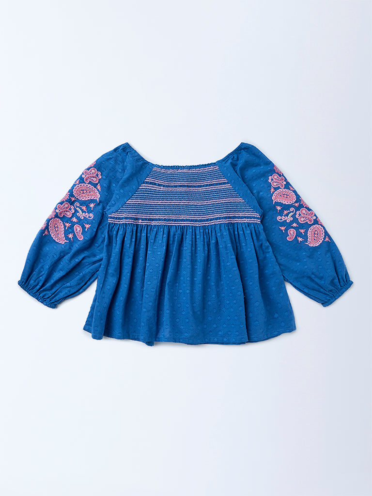 Utsa Kids Girls Indigo Embroidered Cotton-Blend Top - (8-14 yrs)