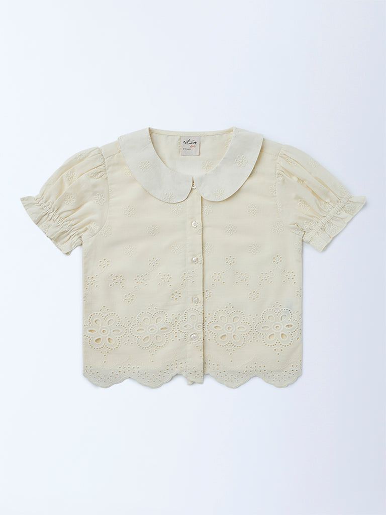 Utsa Kids Girls Off-White Embroidered Cotton Top - (8-14 yrs)