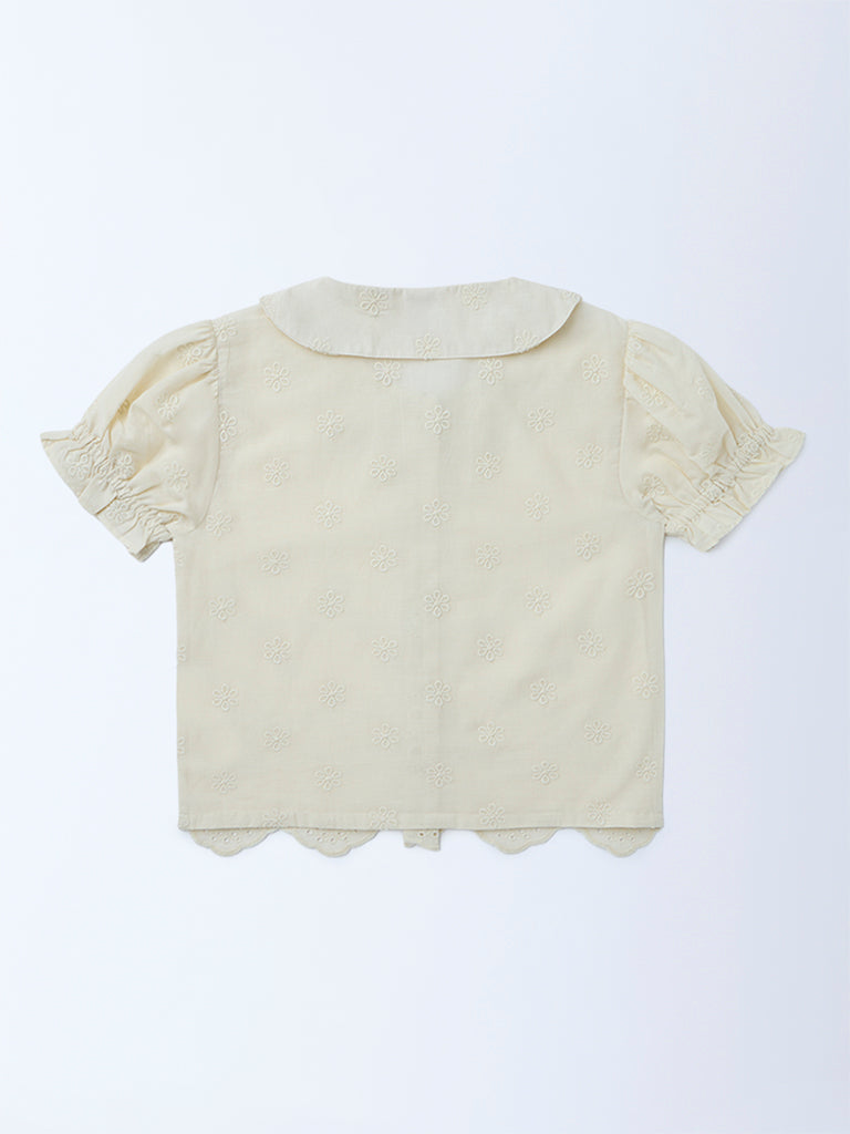 Utsa Kids Girls Off-White Embroidered Cotton Top - (8-14 yrs)