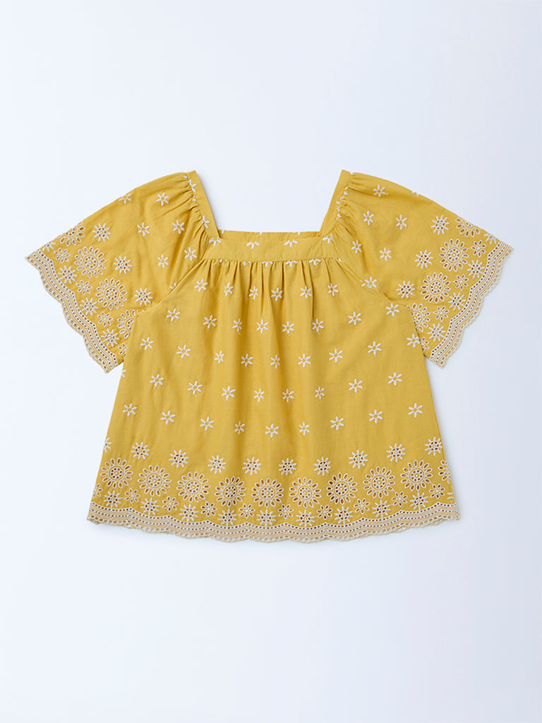 Utsa Kids Girls Yellow Embroidered Cotton Top - (8-14 yrs)