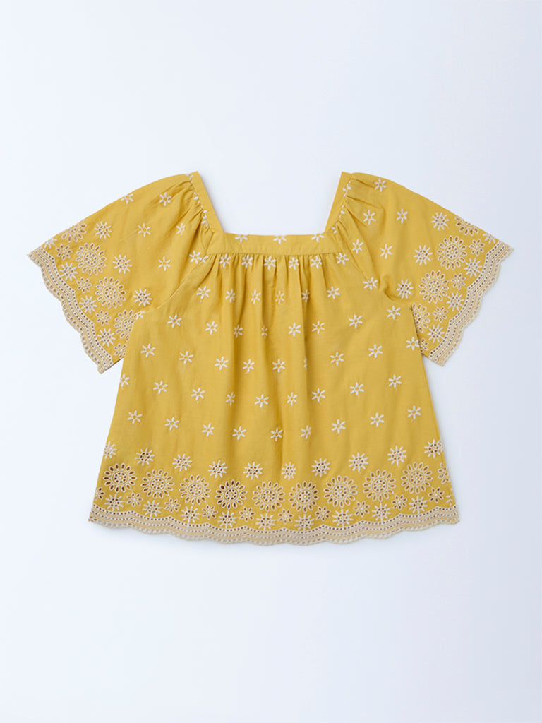 Utsa Kids Girls Yellow Embroidered Cotton Top - (8-14 yrs)