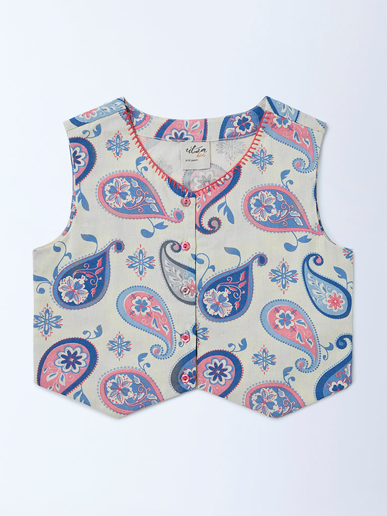Utsa Kids Girls Off-White Printed Cotton-Blend Waistcoat - (8-14 yrs)