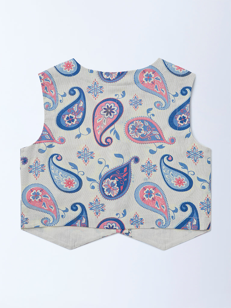 Utsa Kids Girls Off-White Printed Cotton-Blend Waistcoat - (8-14 yrs)