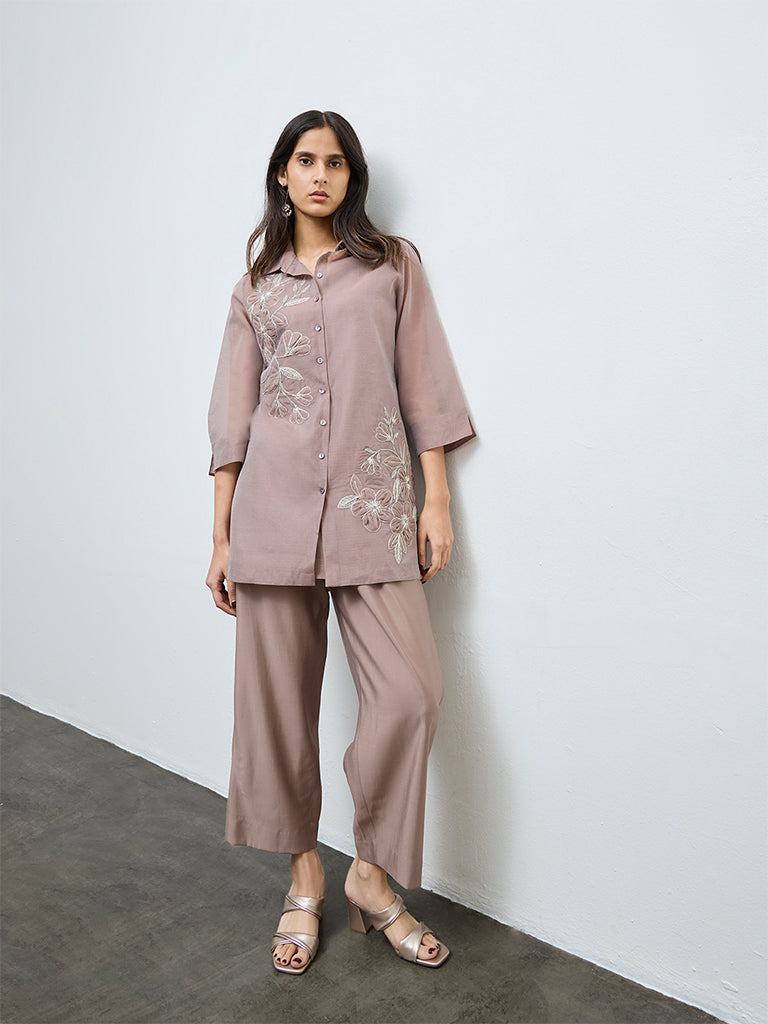 Vark Beige Floral Embroidered Ethnic Set