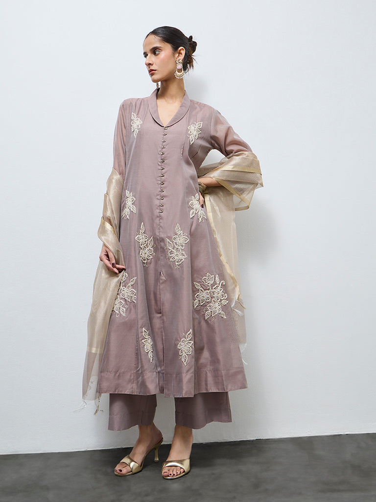 Vark Brown Floral Embroidered Cotton-Blend A-Line Ethnic Set