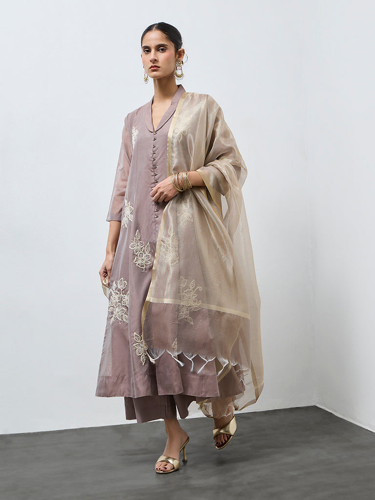 Vark Brown Floral Embroidered Cotton-Blend A-Line Ethnic Set