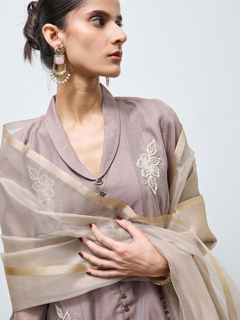 Vark Brown Floral Embroidered Cotton-Blend A-Line Ethnic Set