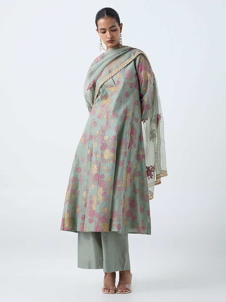 Vark Mint Floral Pattern Anarkali Cotton-Blend Ethnic Set