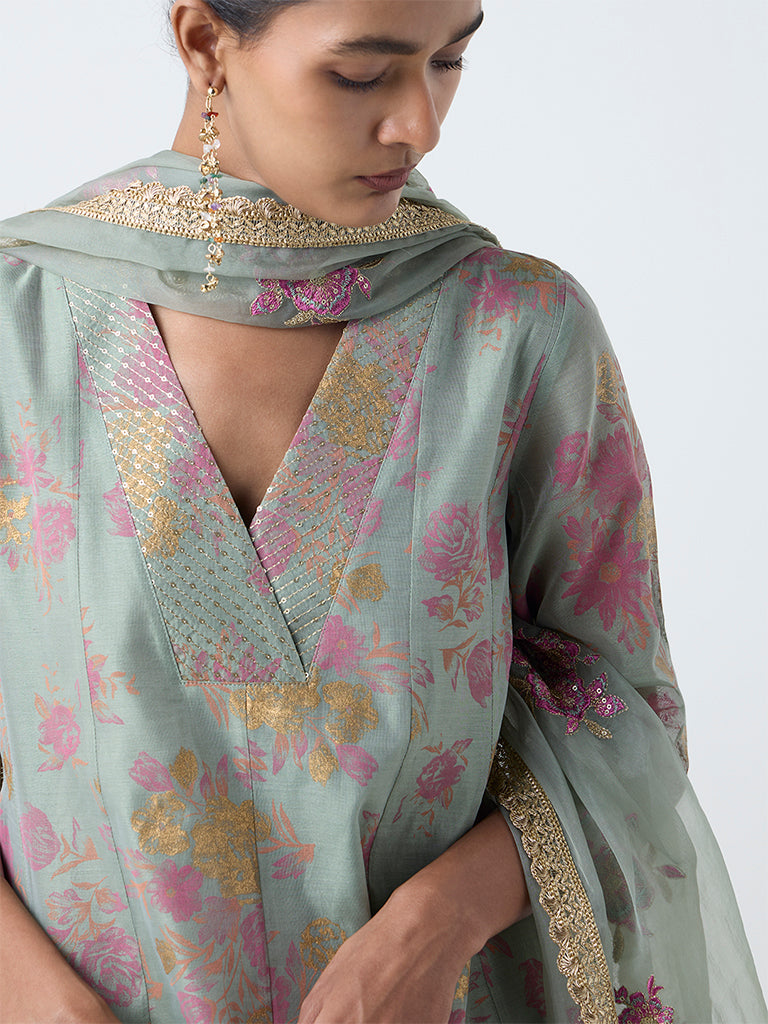 Vark Mint Floral Pattern Anarkali Cotton-Blend Ethnic Set