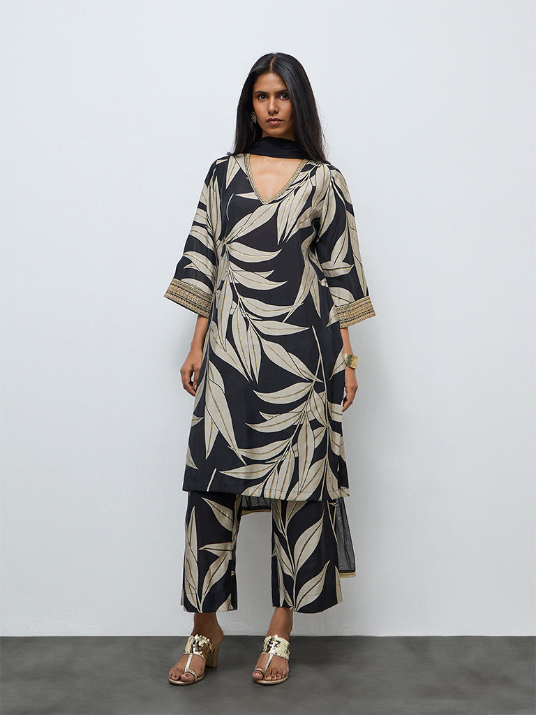 Vark Black Botanical Pattern A-Line Ethnic Set