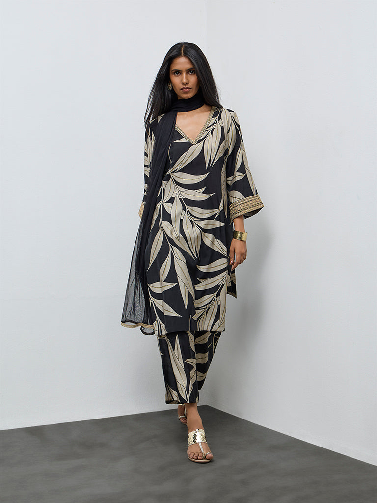 Vark Black Botanical Pattern A-Line Ethnic Set