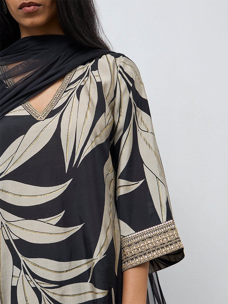 Vark Black Botanical Pattern A-Line Ethnic Set