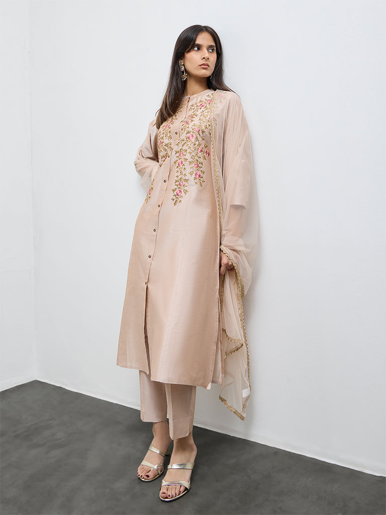 Vark Beige Floral Embroidered A-Line Ethnic Set