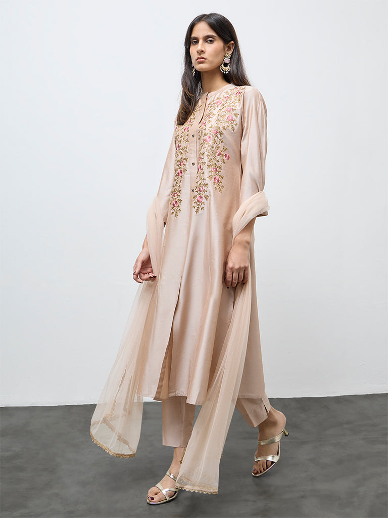 Vark Beige Floral Embroidered A-Line Ethnic Set