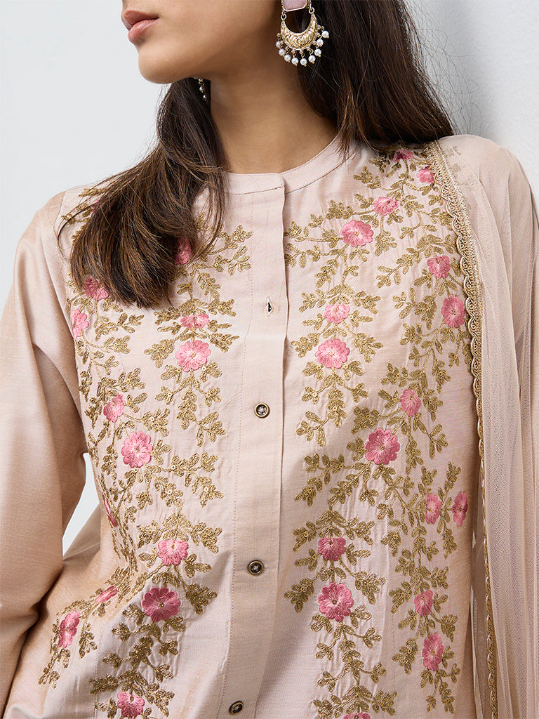 Vark Beige Floral Embroidered A-Line Ethnic Set