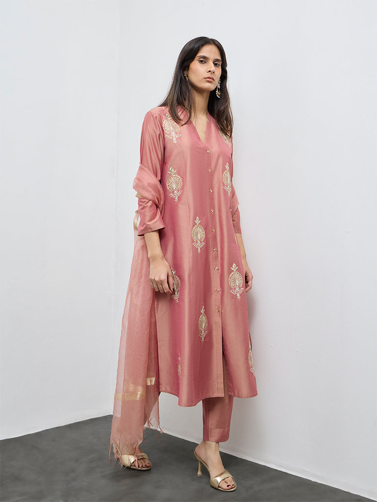 Vark Dusty Pink Floral Embroidered A-Line Ethnic Set