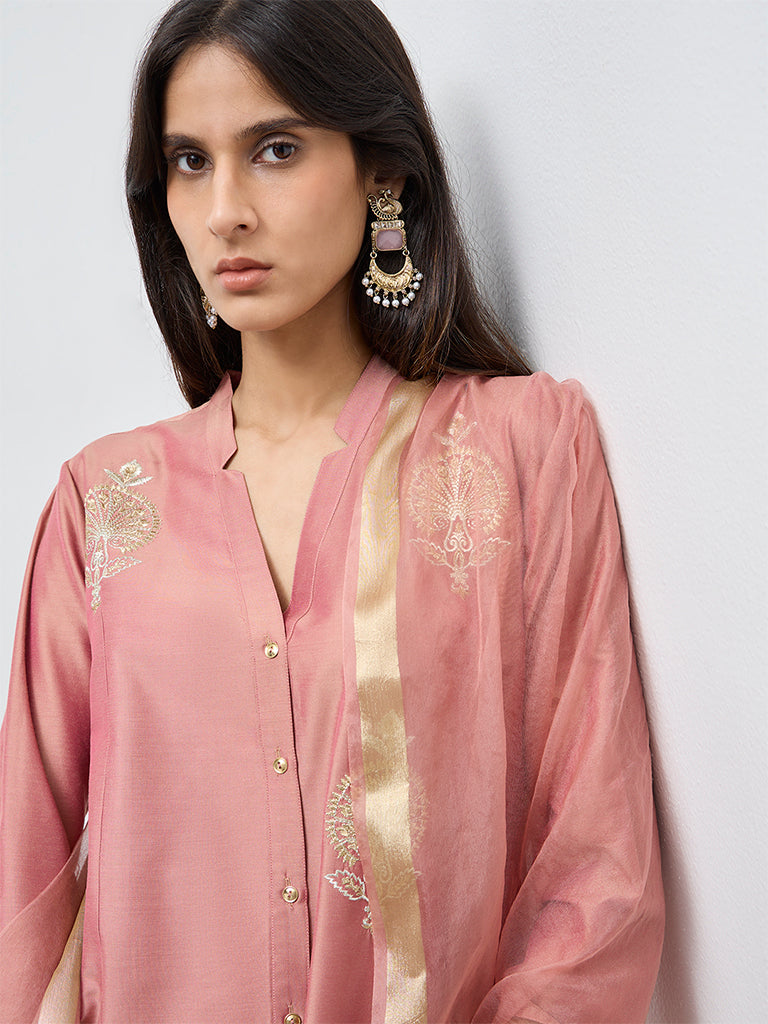 Vark Dusty Pink Floral Embroidered A-Line Ethnic Set