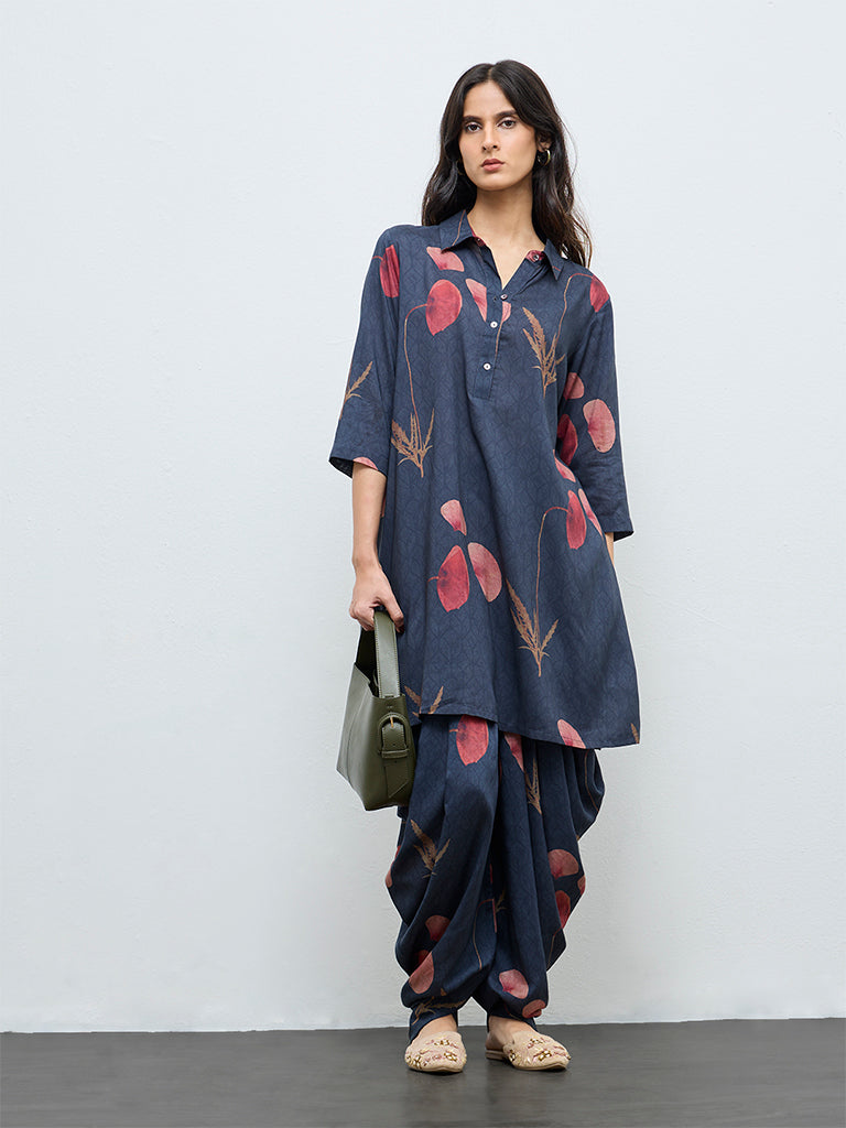 Zuba Navy Botanical Printed Dhoti Pants