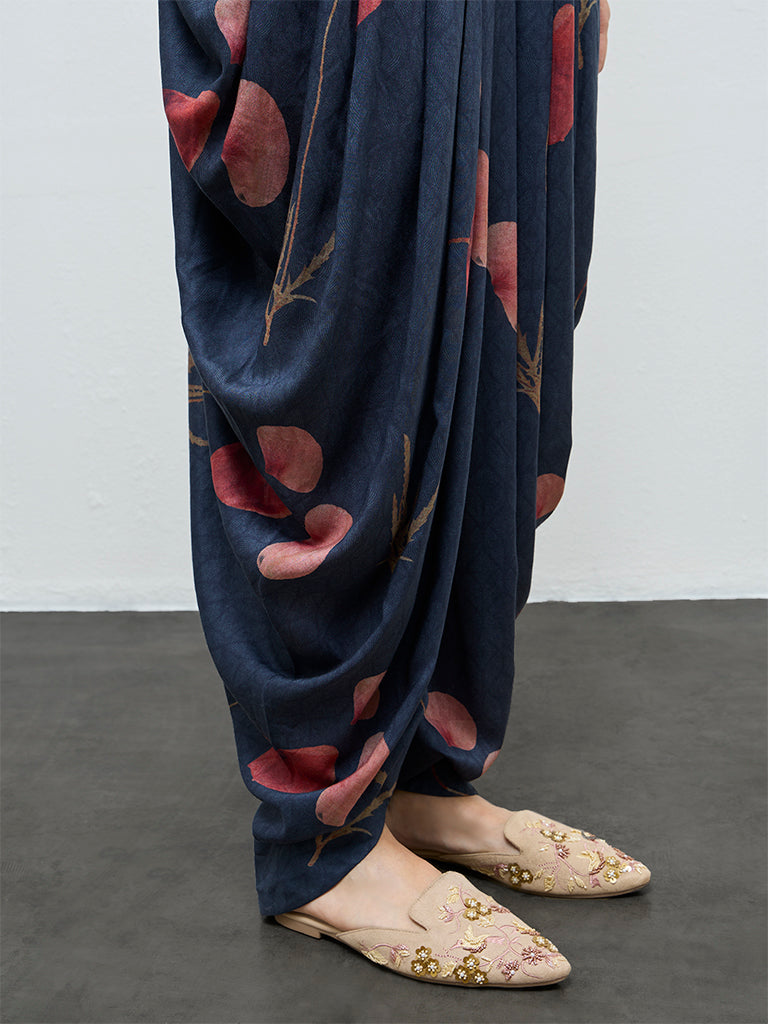 Zuba Navy Botanical Printed Dhoti Pants