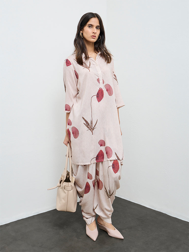 Zuba Dusty Pink Botanical Printed A-Line Kurta