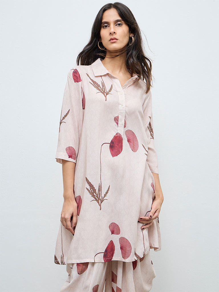 Zuba Dusty Pink Botanical Printed A-Line Kurta