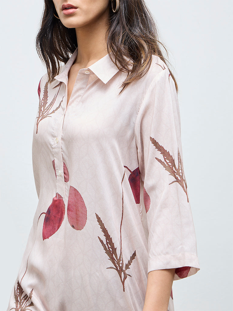 Zuba Dusty Pink Botanical Printed A-Line Kurta