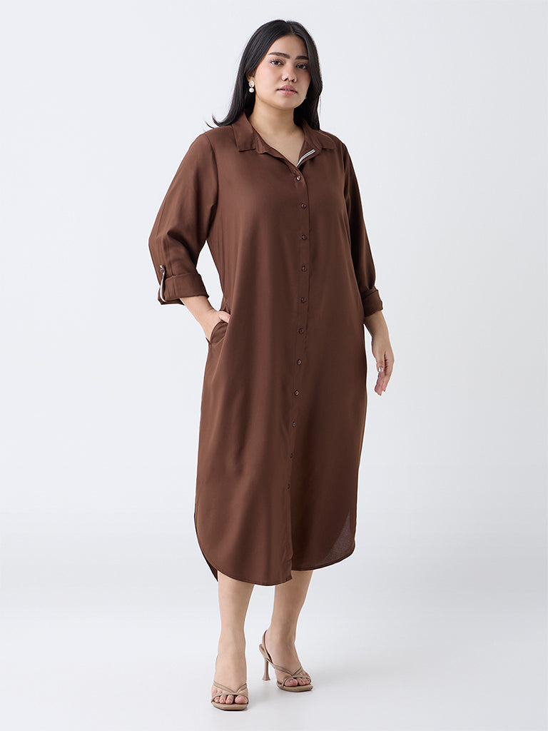 Gia Dark Brown Solid Shirt Dress