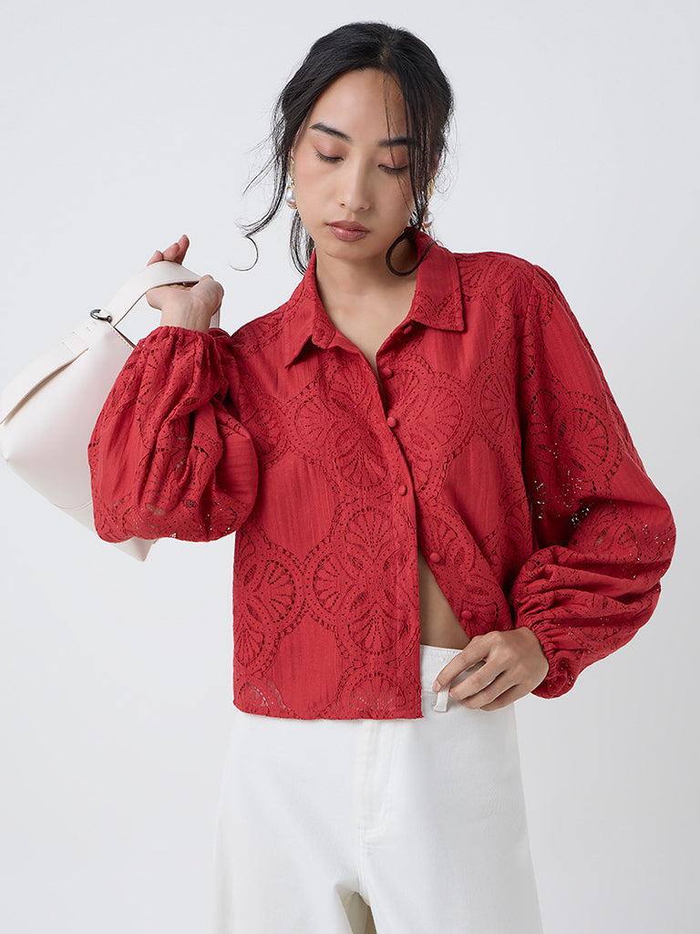 LOV Red Lace-Detailed Cotton-Blend Blouse