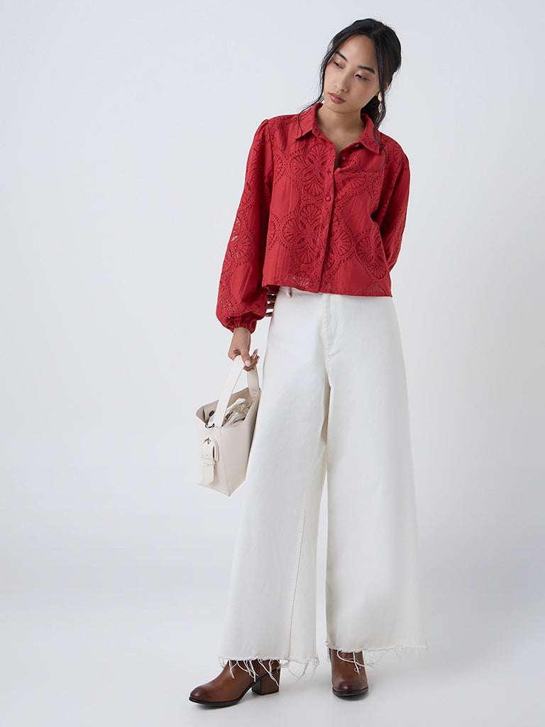 LOV Red Lace-Detailed Cotton-Blend Blouse