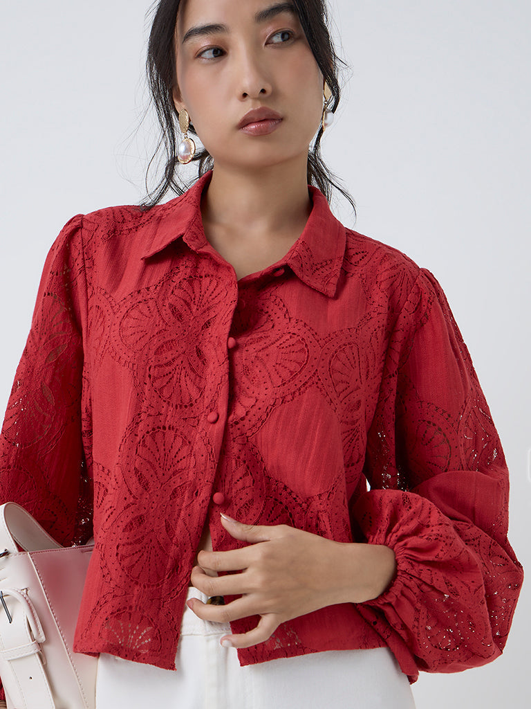 LOV Red Lace-Detailed Cotton-Blend Blouse
