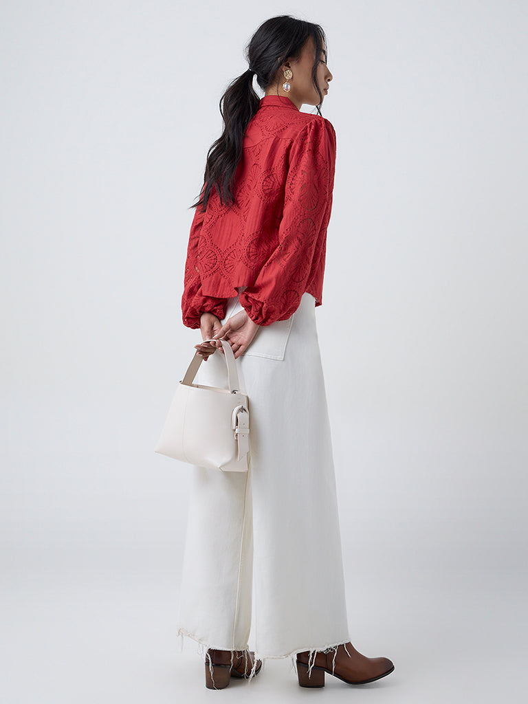 LOV Red Lace-Detailed Cotton-Blend Blouse