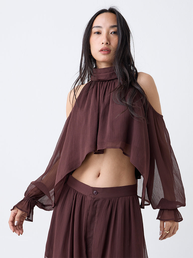 LOV Dark Brown Cold-Shoulder Top