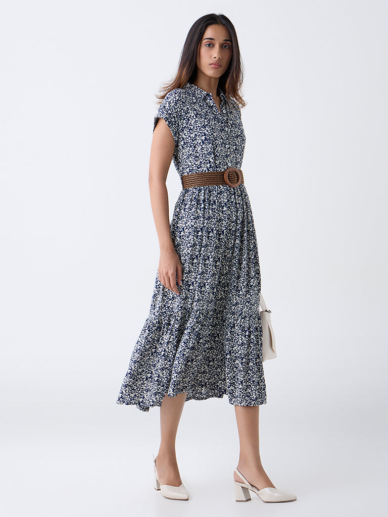 LOV Navy Floral Printed A-Line Dress with Belt