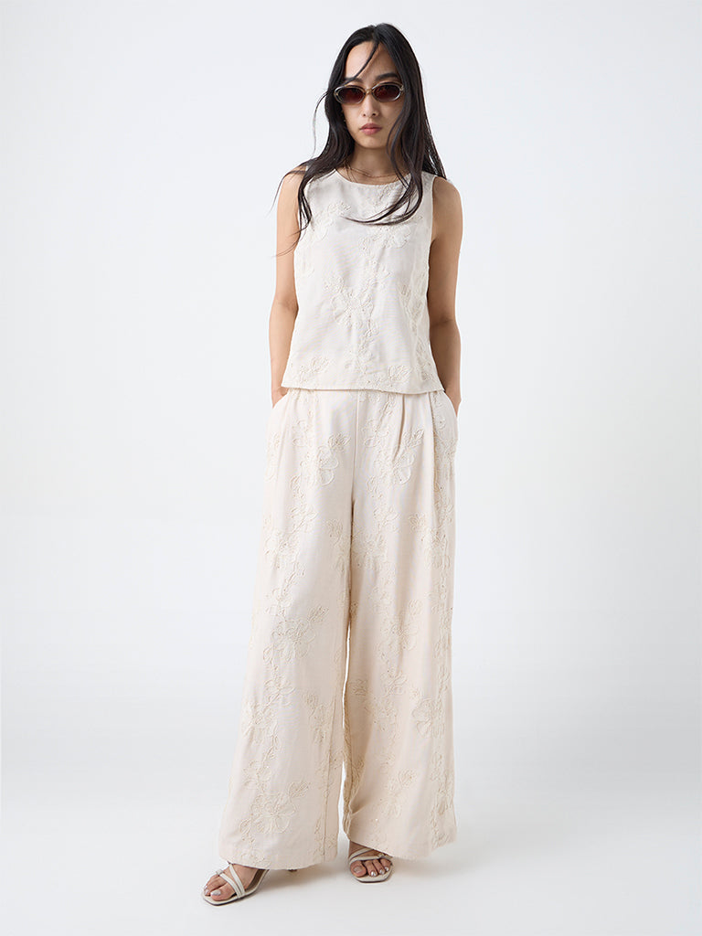 LOV Beige Floral Embroidered High-Rise Trousers