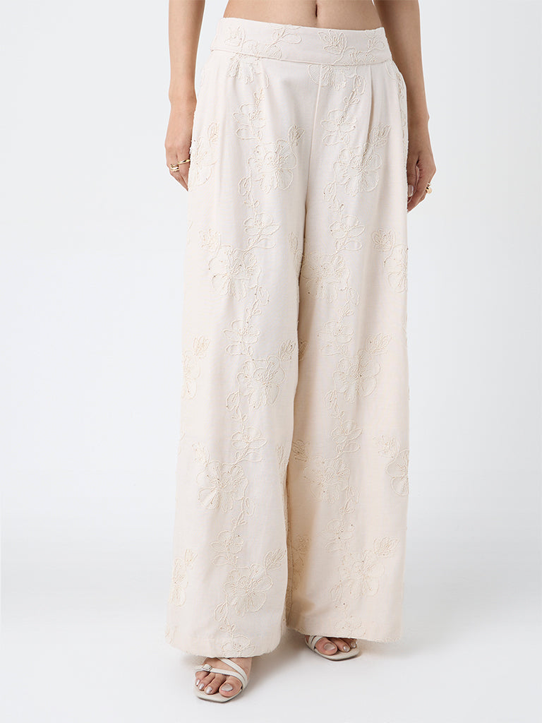 LOV Beige Floral Embroidered High-Rise Trousers