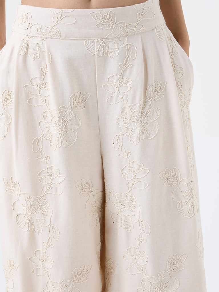 LOV Beige Floral Embroidered High-Rise Trousers