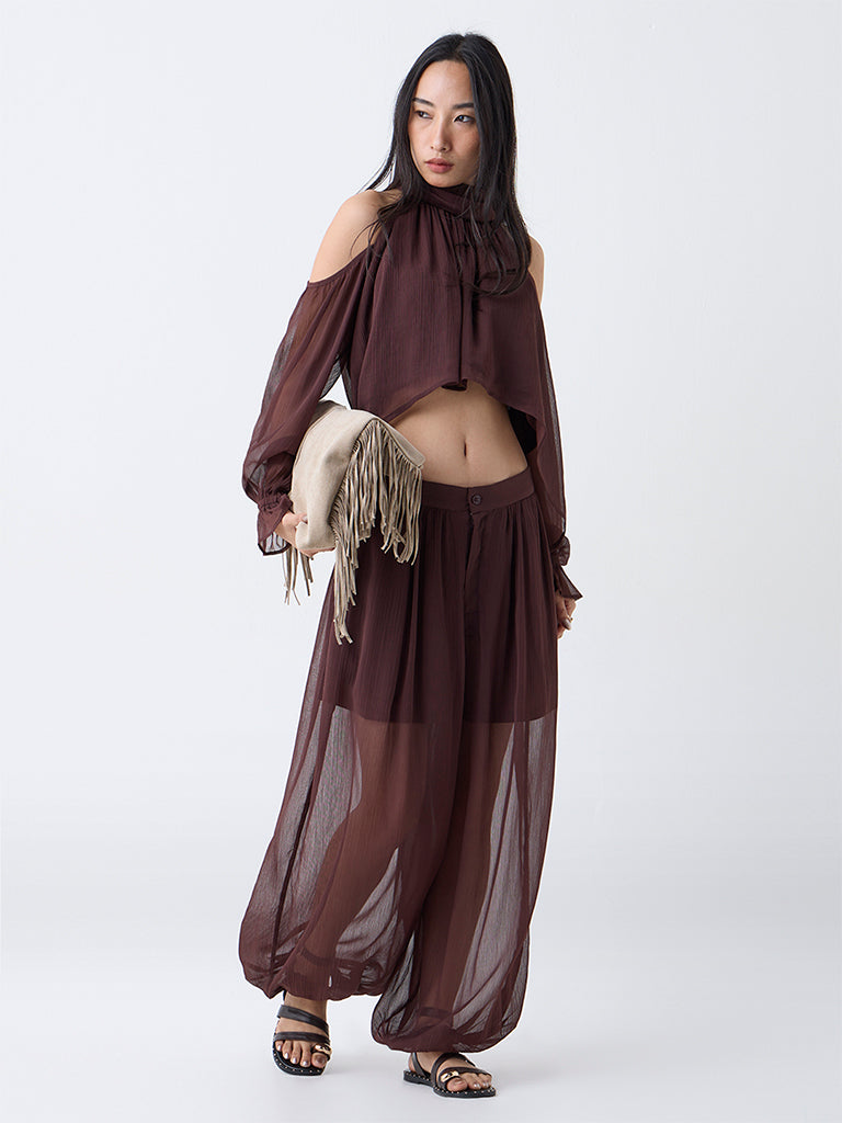LOV Dark Brown Textured High-Rise Harem-Style Pants