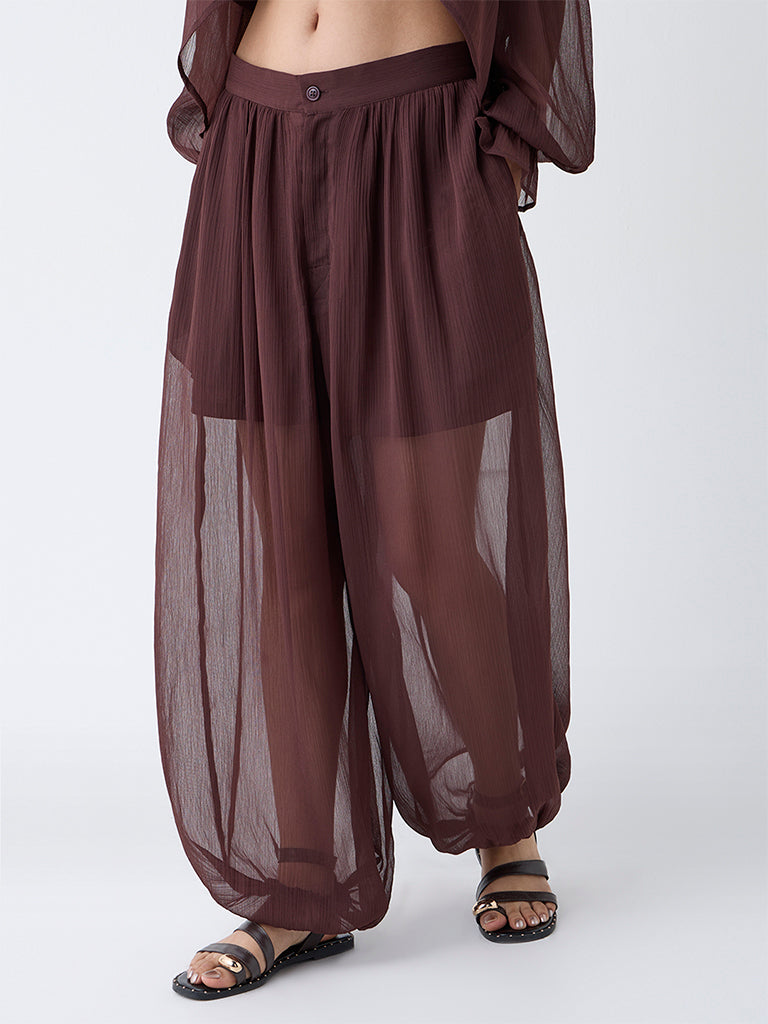 LOV Dark Brown Textured High-Rise Harem-Style Pants