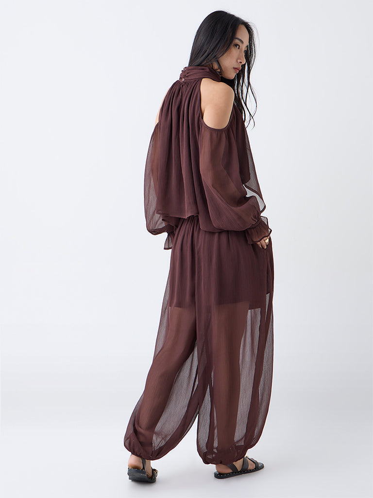 LOV Dark Brown Textured High-Rise Harem-Style Pants